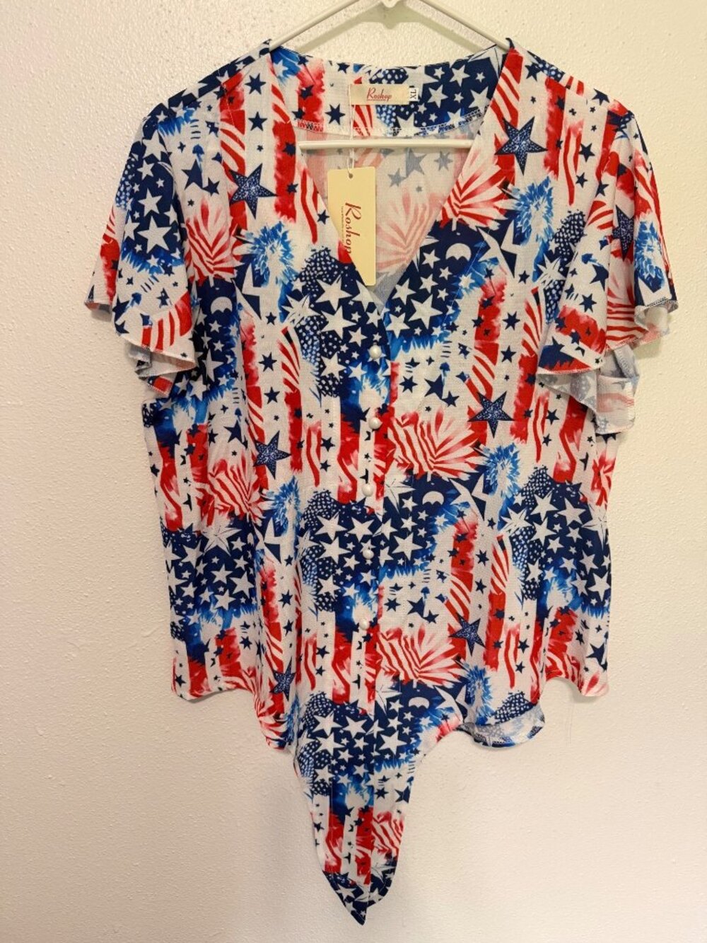 Roshop Button Front Shirt with Tie Waist Red White Blue Stars Womans XL